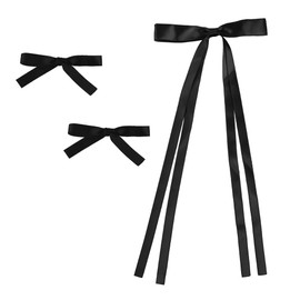 Women's Satin Hair Bows, Set of 3, 1 Hair Clip with Long Tails, 2 Hair Bows with Short Tails (Black)