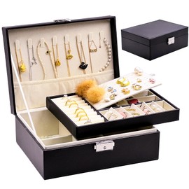 CIT ZCFYU Jewelry Box Organizer for Women Girls, 2 Layers Leather Jewelry Case with Lock Storage Box, Travel Jewelry Holder Rack with Display for Necklaces Bracelets Rings Watches, Black Vintage Gift