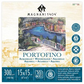 Magnani 1404 Portofino Hot Press 100% Cotton Watercolor Paper Pad, 20 Sheets, 6x6", 140 lb, Acid-Free, UV Resistant, Deckled Edges, Vegan Sized Water Color Paper for Artists, Made in Italy