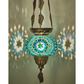 DEMMEX Turkish Moroccan Colorful Mosaic Bohemian Boho Hanging Candle Holder Lantern with Handmade Colorful Glass Globe and Metal Leaf Chains, 24" (Cutsie)