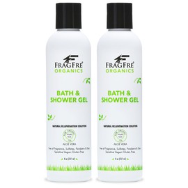 FRAGFRE Organic Shower Gel 2/Pack - Fragrance Free Sulfate Free Parabens Free - for Itchy Dry Sensitive Skins - 8 oz - Gluten Free Vegan Cruelty Free - Organic Aloe Vera Bath Shower Gel - pure Natural