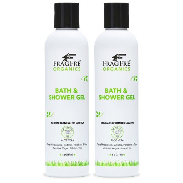 FRAGFRE Organic Shower Gel 2/Pack - Fragrance Free Sulfate Free Parabens Free - for Itchy Dry Sensitive Skins - 8 oz - Gluten Free Vegan Cruelty Free - Organic Aloe Vera Bath Shower Gel - pure Natural
