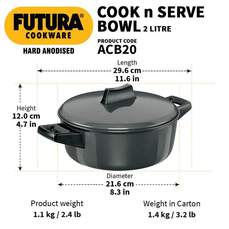 Hawkins Futura 2 Litre Cook n Serve Bowl, Hard Anodised