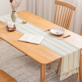 Cotton Farmhouse Table Runner with Tassels (108 Inches Long), Washable Boho Dining Table Decor, Easy to Clean Rustic Kitchen & Home Accessories-Beige-12x108
