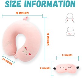 Kids Neck Pillow for Travel with Sleep Eye Mask, Cute Travel Neck Pillow, Memory Foam Flight Sleeping Headrest Pillow for Boys & Girls, Airplane, Train, Car, Home Use - Little Pink Unicorn