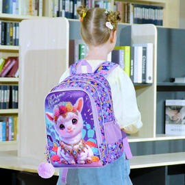 gxtvo 3PCS Alpaca Bookbag for Girls, 16" Kids Backpack with Lunch Box, Water Resistant Elementary School Bag for Prechool Toddler