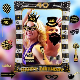 40th Birthday Photo Booth Props and Inflatable Selfie Frame, 36 Pcs 40th Funny DIY Birthday Party Props for Women Men, Black Gold Inflatable Party Photo Booth Frame