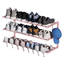 Jchccu Wall Mounted Shoe Rack, 3 Tier Hanging Shoe Rack Holds 12 Pairs, 17"-30" Adjustable Heavy Duty Metal Shoe Organizer Holder with 2 Storage Hooks, Space Saving for Closet Entryway Doorway（Pink