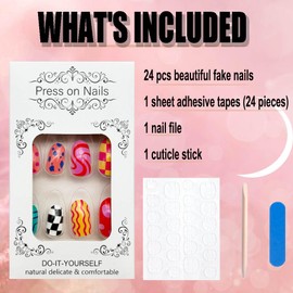 Colorful Press on Nails Almond Shape Short Fake Nails Geometric Irregularity Full Cover Stick on Nails Glossy Lattice Swirl Design False Nails Artificial Glue on Nails for Women Girls Manicure 24PCS