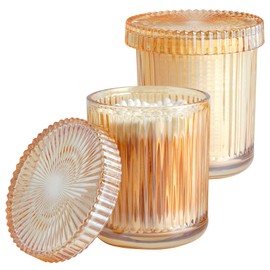 MKOSAB 2 Pack Qtip Holder - Apothecary Jars with Lids, Bathroom Organizers and Storage Canister for Cotton Balls,Swabs,Floss Picks,Hair Ties,Clear Glass Vintage Bathroom Decor Jar Set (Amber)