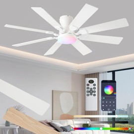 JSAITEE 52 inch Ceiling Fan with Light, 6 Speeds Reversible Low Profile Ceiling Fan with Light and Remote/APP Control, 3 Color Temp+Dimmable RGB, 8 Blades, Flush Mount Quiet Ceiling Fans, White