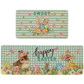Happy Easter Kitchen Mats Set of 2 Non Slip Sweet Spring Bunny Kitchen Rugs Seasonal Easter Rabbit Decor Low-Profile Washable Floor Mat 17x47 Inch and 17x29 Inch