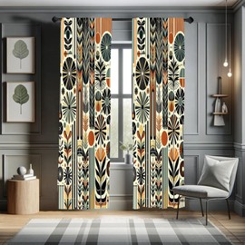 Ambesonne Bohemian Curtains, Retro Mid Century Inspired Abstract Patterns on Ivory Background, Window Treatments 2 Panel Set for Living Room Bedroom, Pair of - 28" x 95", Dark Orange and Reseda Green