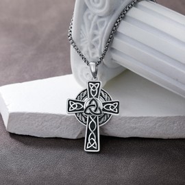Oseew Celtic Cross Necklace For men Silver Cross Pendant Necklace Mens Celtic Cross Celtic Amulet Necklace Protection Jewelry Religious Gifts with 2.5mm 22"+2" Adjustable Rolo Chain, Stone Sterling