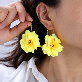 Big White Flower Hoop Earrings - Large Red & Yellow Floral Drop Earrings, Purple Rose Dangle - Gold Statement Wedding Jewelry for Women