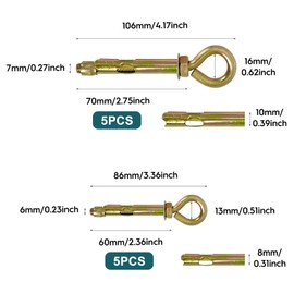 10 Pcs Expansion Bolt, M6-60 | M8-70 Anchor Ring Screw, Long Eye Bolt with Ring, Eye Bolt Expansion Screw, Wall Expansion Anchor Bolts Anchors Screw, Expansion Shield Anchor Eye