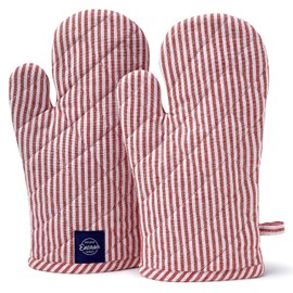 Encasa Homes Long 12"x7" Oven Microwave Hand Gloves Mitts (2 pc Set) for Kitchen Cooking & Baking - Heat Resistant, Thick & Safe, Protection of Hands from Hot Utensils - Ticking Red
