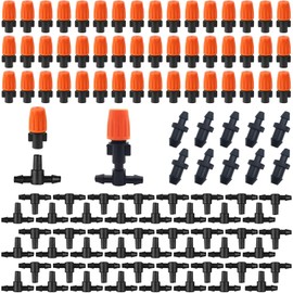 CTRICALVER Irrigation System Kit, Garden Watering System, 50 pcs Adjustable Irrigation Misting Nozzles, 50 Pcs tees connector and 10 Pcs end plugs, for Garden Greenhouse Patio Lawn
