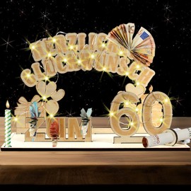 60 Geburtstag Geldgeschenke mit LED Licht Ständer, Geschenke zum 60 Geburtstag Mann Frau, 60 Geburtstag Deko -Holz Schild Gästebuch Geburtstagsgeschenk