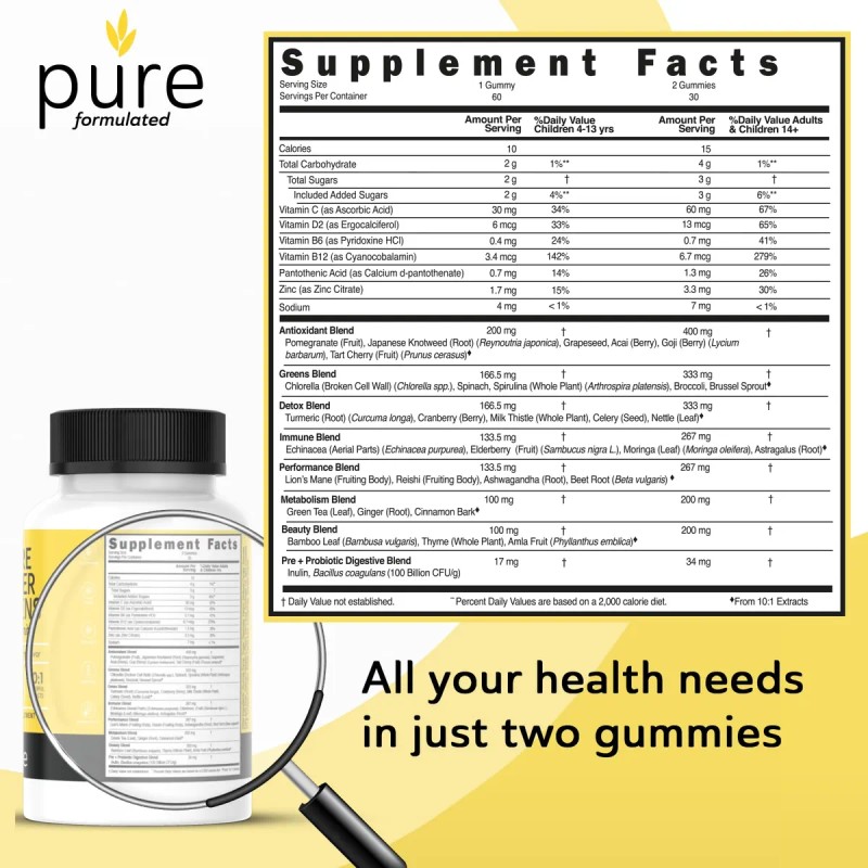 Pure Formulated Super Greens Multivitamin Gummies 60 Pzas