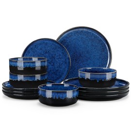 vancasso Starry 12 Pieces Dinnerware Sets for 4, Blue Reactive Glaze Dishes Sets, Ceramic Plates and Bowls Set, Dinner Salad Dessert Plates, and Cereal Bowls Set, Dishwasher and Microwave Safe