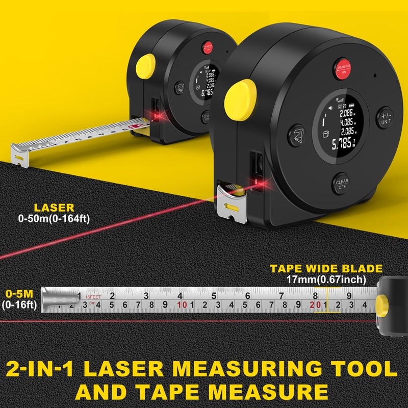 2-in-1 Laser Tape Measure 197Ft Rechargeable Digital Tape Measure A