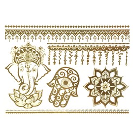 ALLYDREW Large Metallic Gold Silver and Black Body Art Temporary Tattoos, Indian Motif