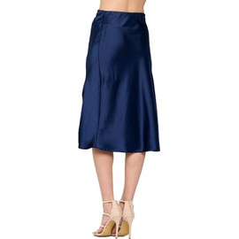 Falda midi de satén elástico de cintura alta lisa para mujer, hecha en Estados Unidos (disponible en tallas grandes), marino, Large