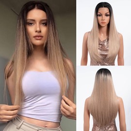 REBECCA STYLE Long Straight Blonde Wigs for Women 26 Inch Lace Front Wig Human Hair Long T-Part Synthetic Wig for Black Women Long Hair Wigs Heat Resistant Natural Hair Middle Part (Black to Blonde)