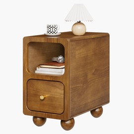 Solid Wood Nightstand, Narrow Nightstand with Drawers, Walnut Mid Century Modern Nightstand, Small Beside Table with Open Storage Shelf for Bedroom (10 inch)