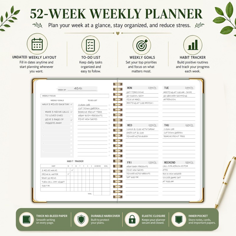 Undated Weekly Planner, Weekly To Do List Notebook with Habit