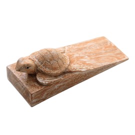 NOVICA Handmade Wood Baby Turtle Door Stopper, Brown and White, Distressed Baby Turtle'