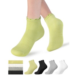 Non Slip Grip Yoga Socks for Women Breathable Cute Ruffle Ankle Socks for Yoga, Pilates, Barre Workouts (US, Alpha, One Size, Regular, Regular, 4 Pairs-Green/Black/Grey/White)