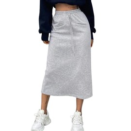 SOFIA'S CHOICE Skirts for Women Midi Length High Waist Drawstring Sweat Skirt with Pockets Grey Medium