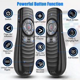 2-in-1 USB Type-C Presentation Clicker Wireless Presenter Remote Clicker, Rechargeable Powerpoint Clicker, Clicker for Powerpoint Presentations with Volume Control, Presentation Clicker for Computer