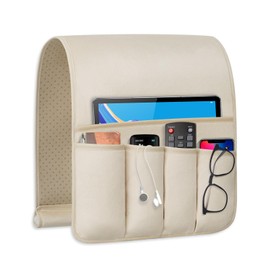 WETRBWEH Remote Control Holder for Armchair Caddy，Couch Caddy Organizer TV Remote Holder for Bed Storage 5 Pockets，Remote Caddy Bedside Organizer Bedside Table Organizer (Beige, 35"x12.4")