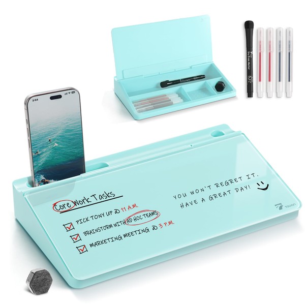 TOWON Small Compact Glass Whiteboard with Storage 12 x 7