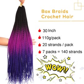 6 Packs Goddess Box Braids Crochet Hair 30 Inch Ombre Prelooped Crochet Box Braids Crochet Hair for Black Women Braiding Hair (30 Inch 6 Pack, 1B/Purple/Blue)