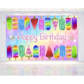 Colorful Popsicle Happy Birthday Backdrop - 5x3 FT Watercolor Ice Lolly Birthday Party Background Banner