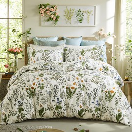 Cozaline Green Comforter Set King, 100% Cotton Reversible Floral Pattern Comforter Set 3 Pcs Soft Cotton Lightweight Comforter All Season Soft & Breathable Green Bedding Set