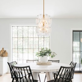 VANZARLA Modern Glass Chandelier for Dining Room, Gold Entryway Chandelier, 6-Light Unique Pendant Light Fixture for Bedroom Hallway Stairway Kitchen