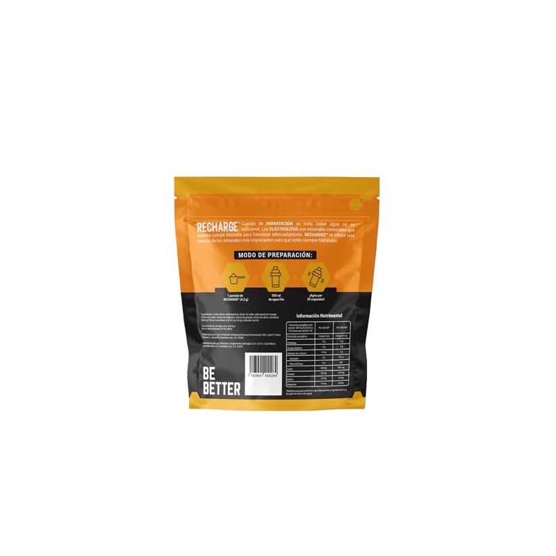 Be Better RECHARGE, Electrolitos En Polvo 60 Porciones, Sabor Naranja,