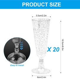 TSLBW 20 Pcs Clear Champagne Flutes 5 OZ Plastic Glitter Champagne Flutes Reusable Stemmed Party Wine Cups Crystal Wine Cocktail Cups for Garden Wedding Birthday Anniversary Party