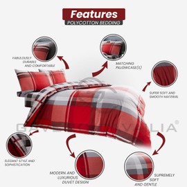 GC GAVENO CAVAILIA Check Duvet Cover Set Single Bed | Polycotton Bedding Set with Pillow Case | Wahable Quilt Covers (135x200 cm) | Red