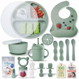 Remonda BPA-Free Silicone Baby Feeding Set | Extra Large Suction Plates, Toddler Bowls, Self Feeding Spoons, and More | Dishwasher Safe| Baby Led Weaning Supplies (Forest Green)