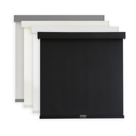 AOSKY Light Filtering Roller Shades Cordless Blinds for Windows, Free-Stop Shades with Valance, 99% Blackout, Thermal Insulated Fabric, UV Protection, Natural Woven Blinds（34" W x 72" H, Black）