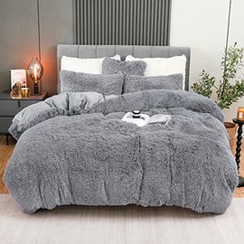 Fluffy Plush Duvet Cover Set Queen Size, Luxury Ultra Soft Velvet Fuzzy Comforter Cover Bed Sets 4Pcs(1 Faux Fur Duvet Cover + 2 Pillow Cases + 1 Pillow Cover) Zipper Closure (Queen, Light Gray)