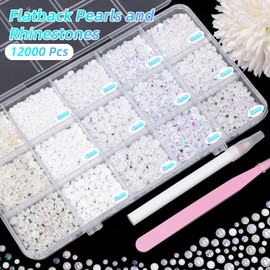 12000 Pcs White Flatback Pearls and Rhinestones for Crafting, 3-5 mm Jelly Resin Rhinestones, Mixed Size Half Pearl Bedazzling Gems for Nail DIY Crafts Mugs Bottles Tumblers Clothes Makeup