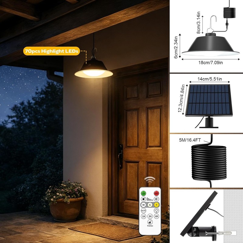 A.bigwhale Solar Shed Pendant Light, Outdoor Solar Lamp with Remote