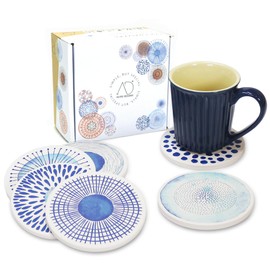 AD Set of 6 Coasters for Drinks Absorbing Round Ceramic Stone Coaster with Cork Base,Tabletop Protection Mat for Mugs and Cups,Office,Kitchen (Blue Watercolor Series)